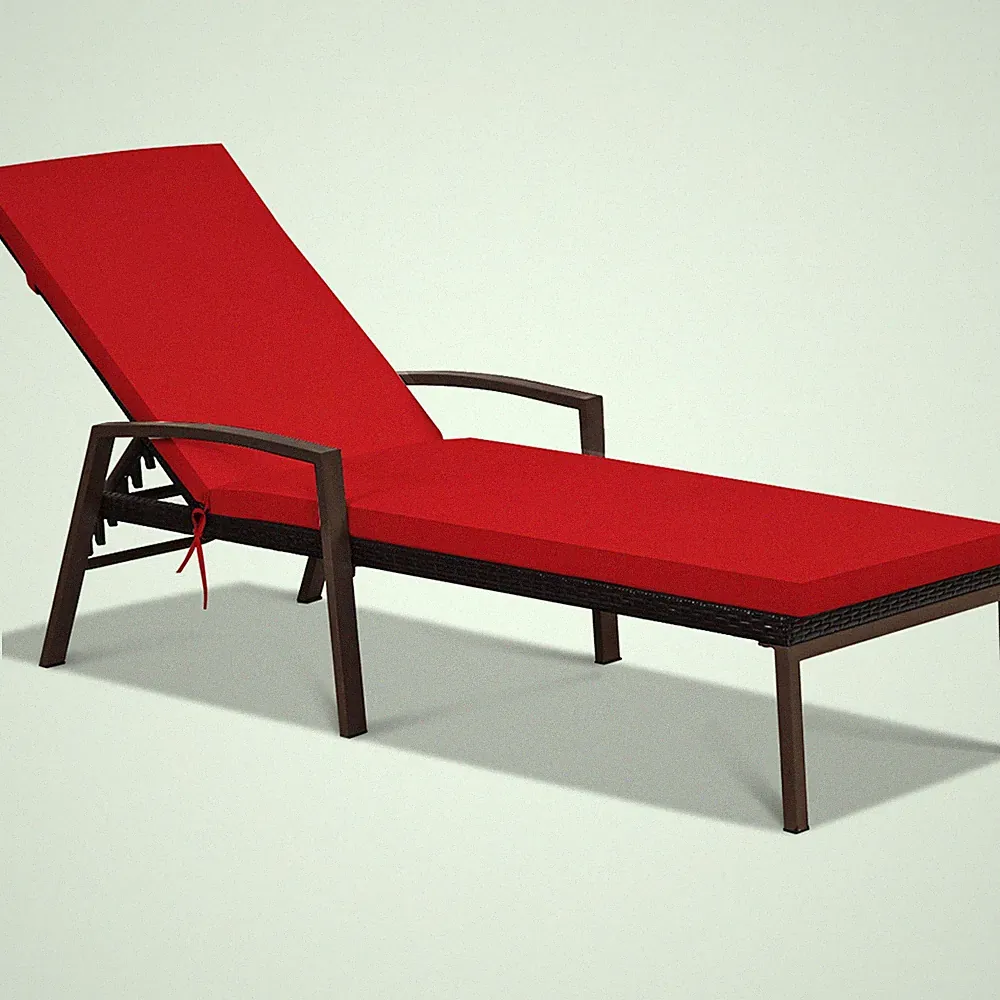 Adjustable Rattan Chaise Recliner Lounge Chair Patio Outdoor w/ Red Cushion