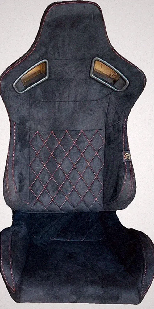 BB6 RS Black Suede Alcantara Red Diamond Stitch Reclining Bucket Sports Seats x1