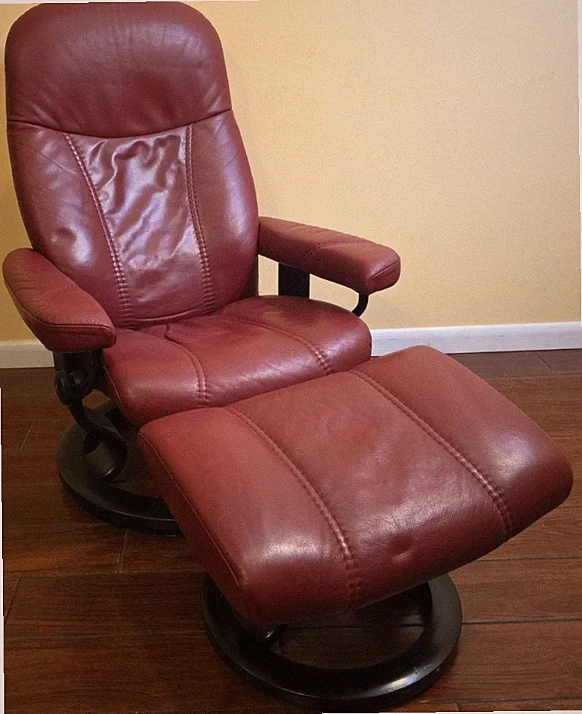 Ekornes Stressless Small Burgundy Leather "Consul" Swivel Recliner & Ottoman
