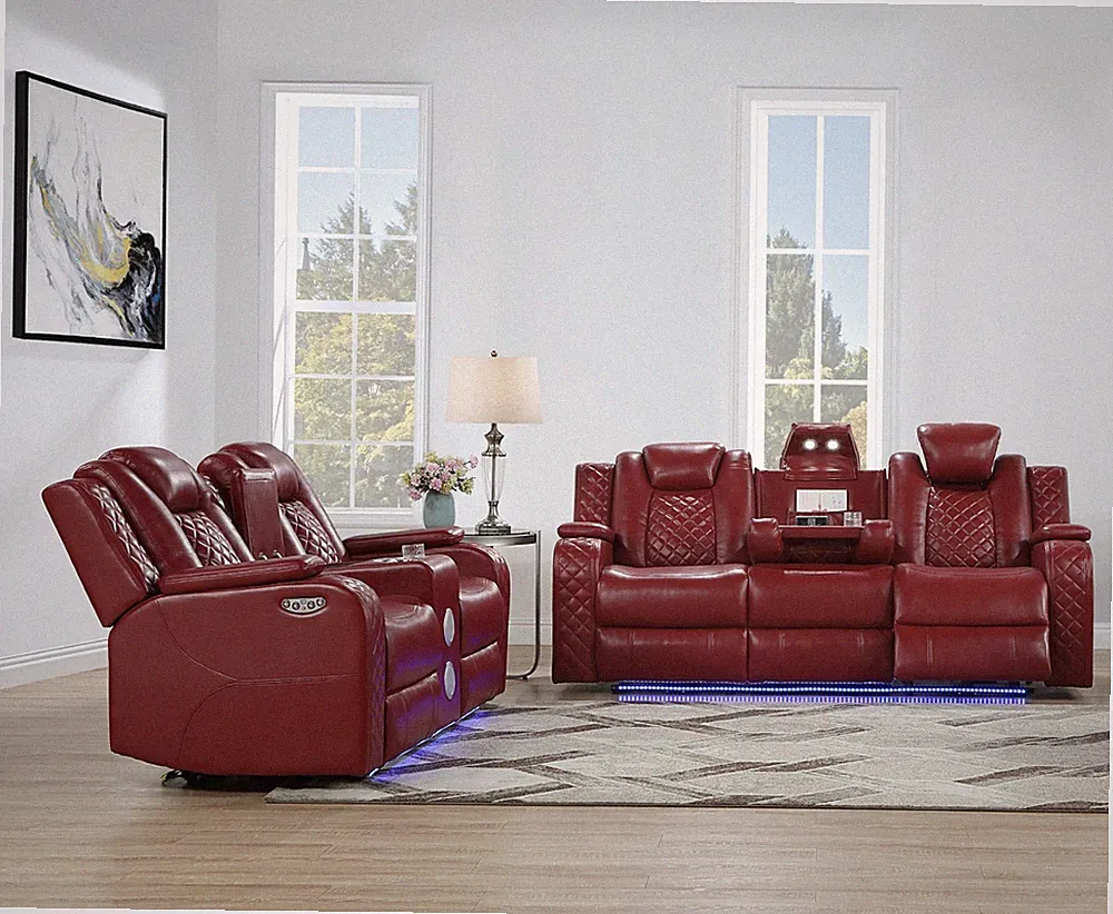 NEW LED Power Recliner Adj Headrest Red Leather 2PC Sofa Loveseat Set BT Speaker