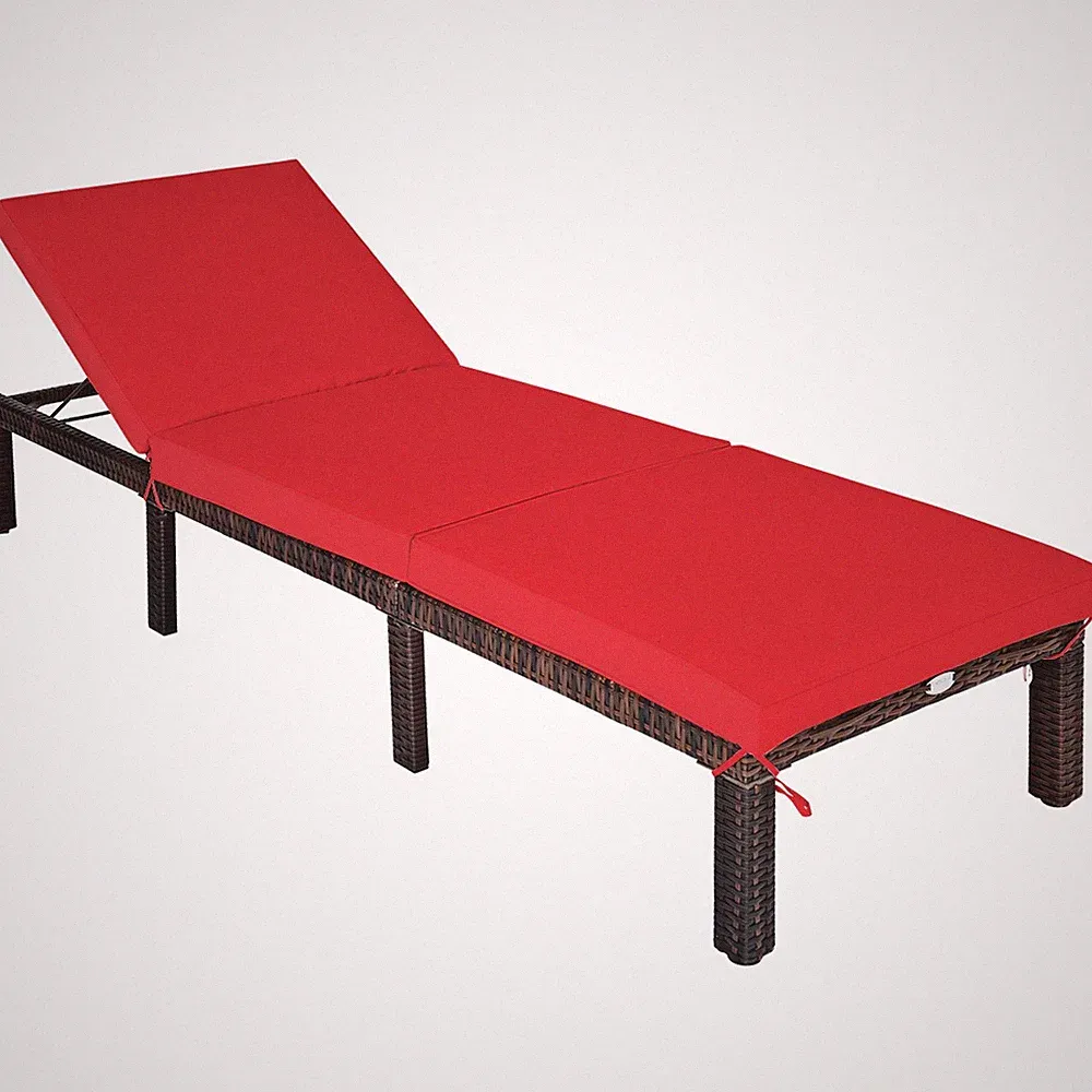 Outdoor Rattan Lounge Chair Chaise Recliner Adjustable Cushioned Patio Yard Red