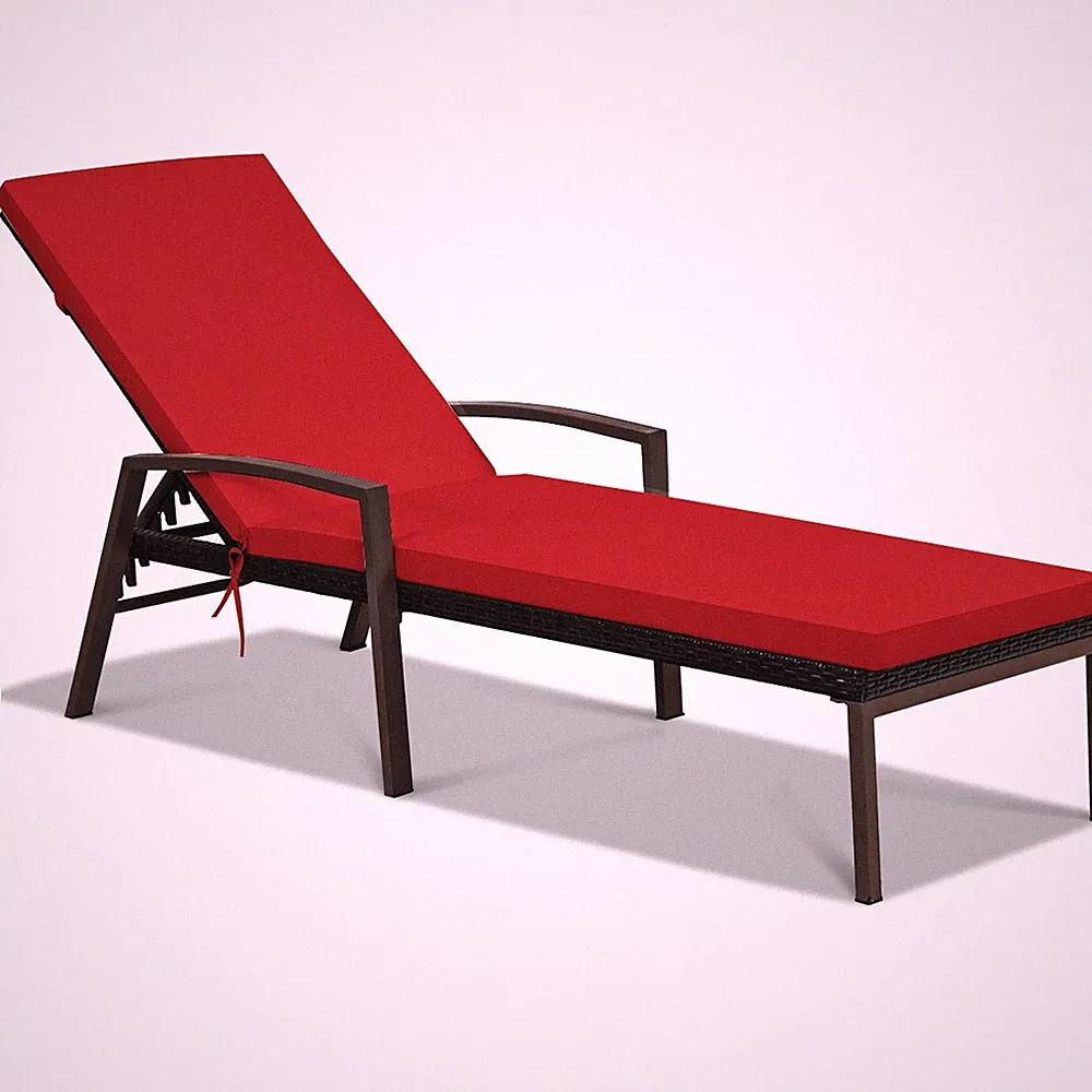 Outdoor Rattan Lounge Chair Chaise Recliner Back Adjustable Cushioned Pool Red