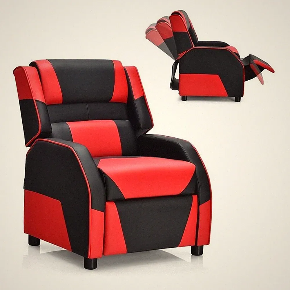 Pemberly Row Headrest & Footrest Leather Kids Youth Gaming Sofa Recliner in Red