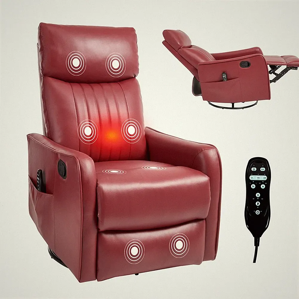 Red Faux Leather Heat Massage Manual Recliner Chair Rocker & Swivel Living Room