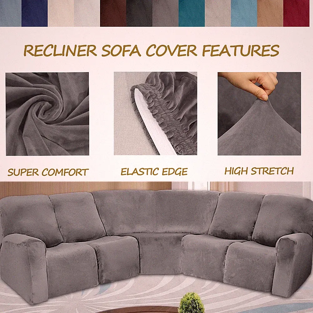 Stretch Velvet Recliner 5 Seater Corner Sectional Sofa Cover L-Shape Couch Cover
