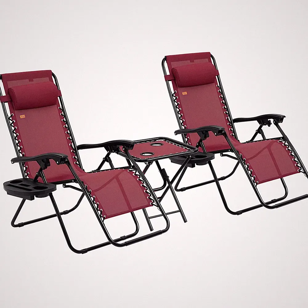 Zero Gravity Lounger Chair Folding Reclining Patio Chair w/ Side Table, Wine Red